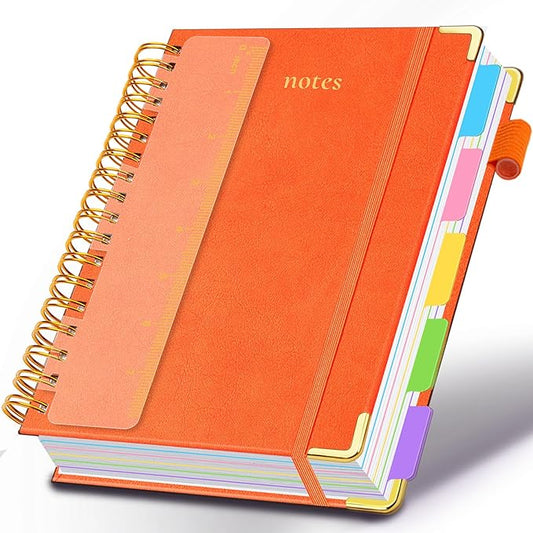 Hardcover Spiral Notebook 6.2"x 8.2" Journal Notebook with Tabs and Removable Dividers 300 Pages 5 Subject Notebook College Ruled, Faux Leather Spiral Bound Notebook for Women School Work(Orange) - Bloomnest