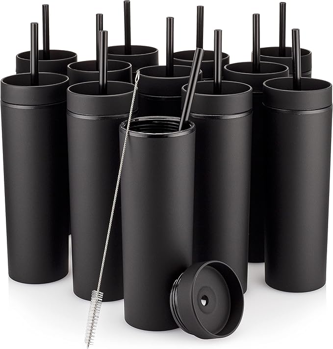 STRATA CUPS Black Skinny Tumblers with Lids and Straws (12 pack) - 16oz Double Wall Acrylic Tumbler, Tall Matte Skinny Tumblers, Bulk with Free Straw Cleaner, Reusable Cups - Bloomnest
