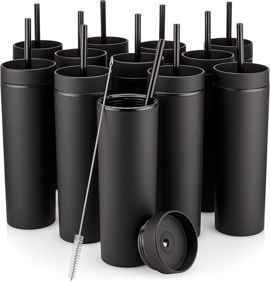 STRATA CUPS Black Skinny Tumblers with Lids and Straws (12 pack) - 16oz Double Wall Acrylic Tumbler, Tall Matte Skinny Tumblers, Bulk with Free Straw Cleaner, Reusable Cups - Bloomnest