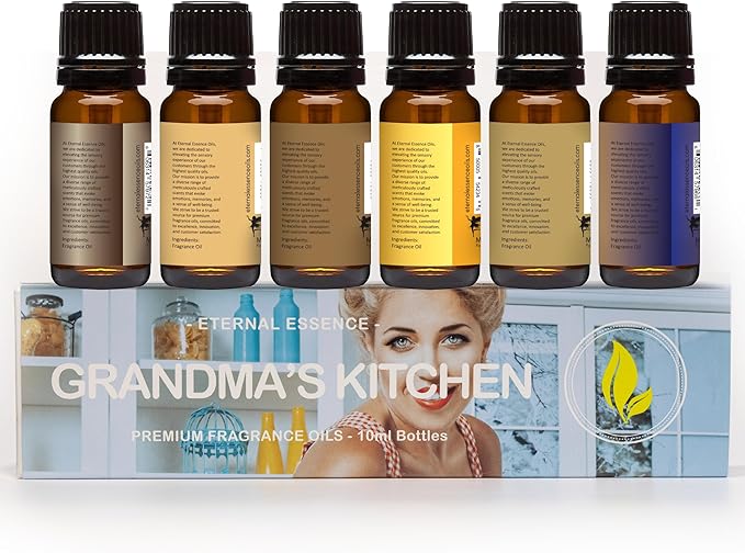 Eternal Essence Oils Grandma's Kitchen Set of 6 Premium Fragrance Oils - Caramel Nut Muffin, Oatmeal Cookie Dough, Snickerdoodle, Orange Chiffon Cake, Lemon Sugar, and Blueberry Pancakes - 10ML - Bloomnest