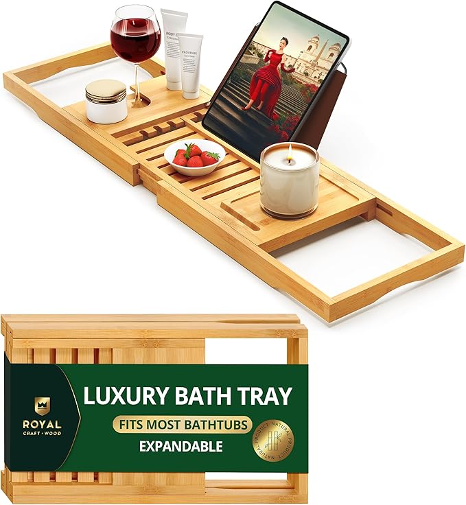 ROYAL CRAFT WOOD Premium Foldable Bathtub Tray Caddy - Wood Bath Tray for Tub, Bamboo Shelf, Expandable Bath Table Trays, Bathtub & Bathroom Accessories for New Home & Mothers, Birthday Gifts for Mom - Bloomnest
