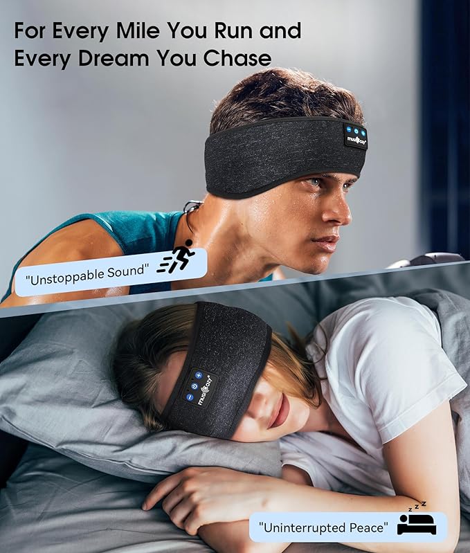 MUSICOZY Sleep Headphones Bluetooth 5.4 Headband, Wireless Earphones Music Sleep Earbuds Sleeping Eye Mask with HD Stereo Speakers for Workout Running Travel Yoga, Ideal Gifts (Black) - Bloomnest