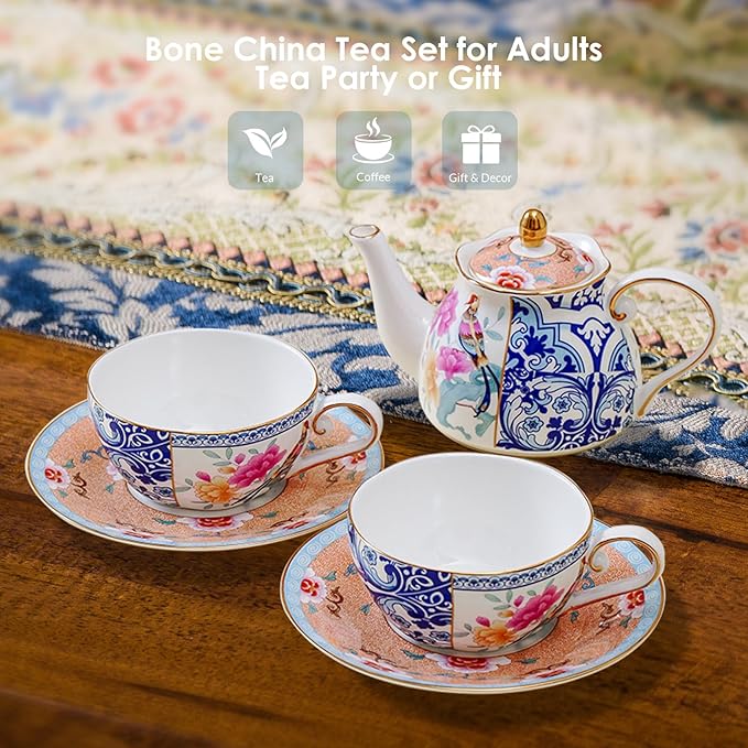 ACMLIFE Tea for One Teapot and Cup, Vintage Floral Porcelain Tea Set for One, Bone China Teapot with Cup Set, Tea Pot Gift for Women (Blue-C) - Bloomnest