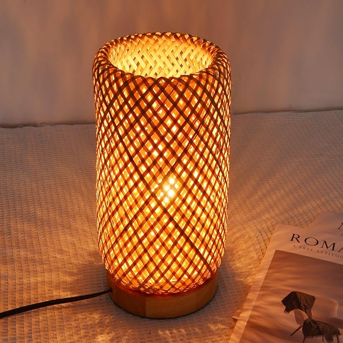 Arturesthome Bamboo Desk Light Woven Boho Beside Lamp Vintage Wicker Wooden Nightstand Lamp for Living Room,Kids Room,Nursery Room Decor - Bloomnest