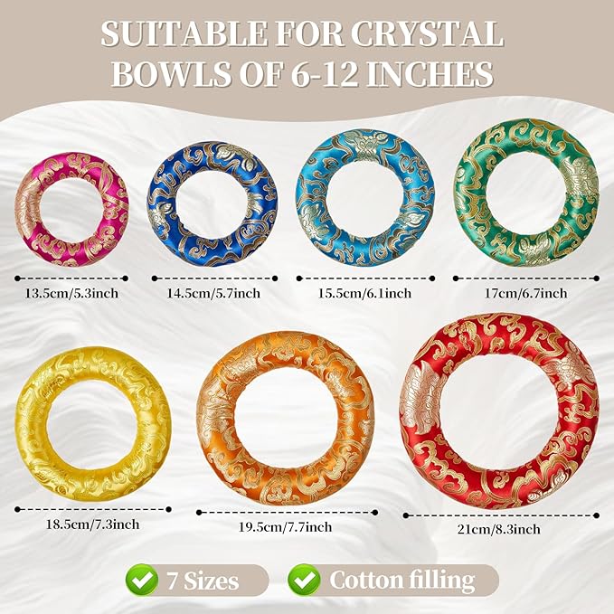 10 Pcs Singing Bowl Cushion Set 7 Silk Cloth O Ring with 3 Crystal Singing Bowl Mallet Include Solid and Hollow Stick Wood Handle Rubber Mallet for 6-12" Tibetan Sound Meditation(Rainbow) - Bloomnest