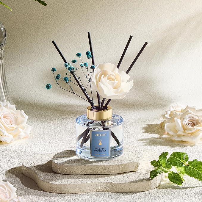 Airkeep Flower Reed Diffusers Set, 5.07 oz Wild Mint&Eucalyptus Scented Oil Diffuser with 8 Reed Sticks, Home Fragrance Diffuser Gift Set for Bathroom & Office Decor 150ml - Bloomnest