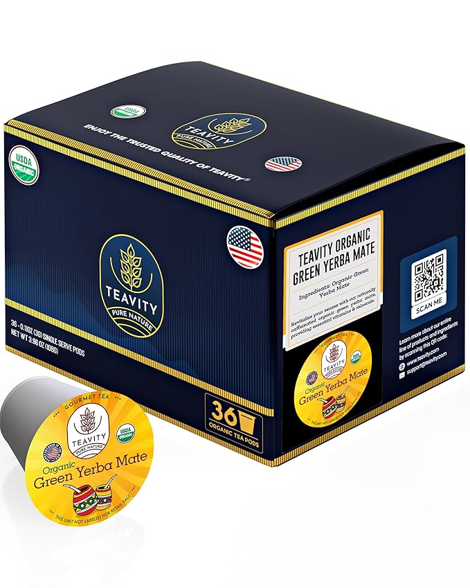 Organic Yerba Mate Tea Pods for Keurig - Green, Unsmoked Yerba Mate by Teavity (36 Tea Pods) - Bloomnest