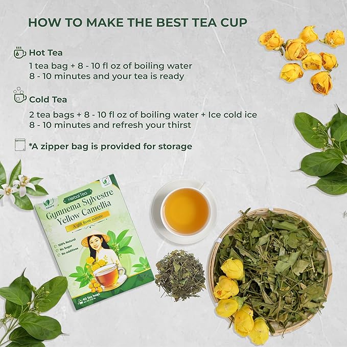 NMPT Dried Gymnema Sylvestre Yellow Camellia Tea, Handpicked, 40 Sachets, Cold-Dried, Gluten-Free, No Added Sugar, Mild Sweet Flavor, Eases Fatigue & Stress, Supports Overall Health - Bloomnest
