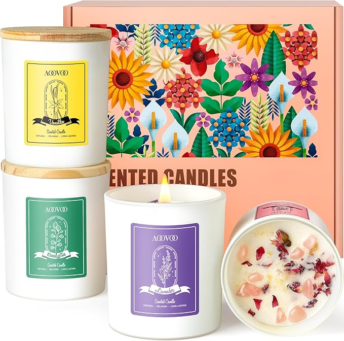 AOOVOO Rose/Vanilla/Eucalyptus/Lavender Scented Candles for Women - Aromatherapy Candle with Crystals Inside, 40oz Soy Candles for Home Scented, Birthday Gifts Christmas Candle for Women Mom - Bloomnest