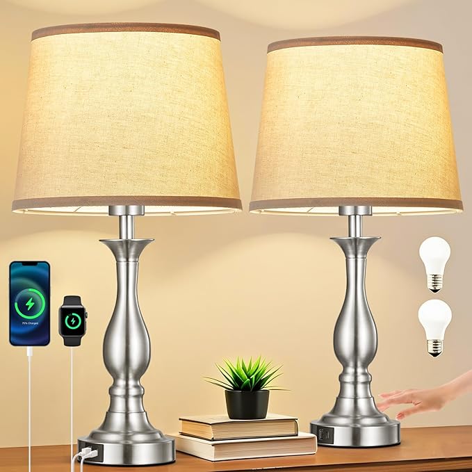 Bedside Table Lamp Touch Control Bedroom Lamps with USB A and C Charging Port 3 Way Dimmable Touch Lamps for Nightstand Living Room Bedroom Dorm Home Office Reading, Set of 2 - Bloomnest