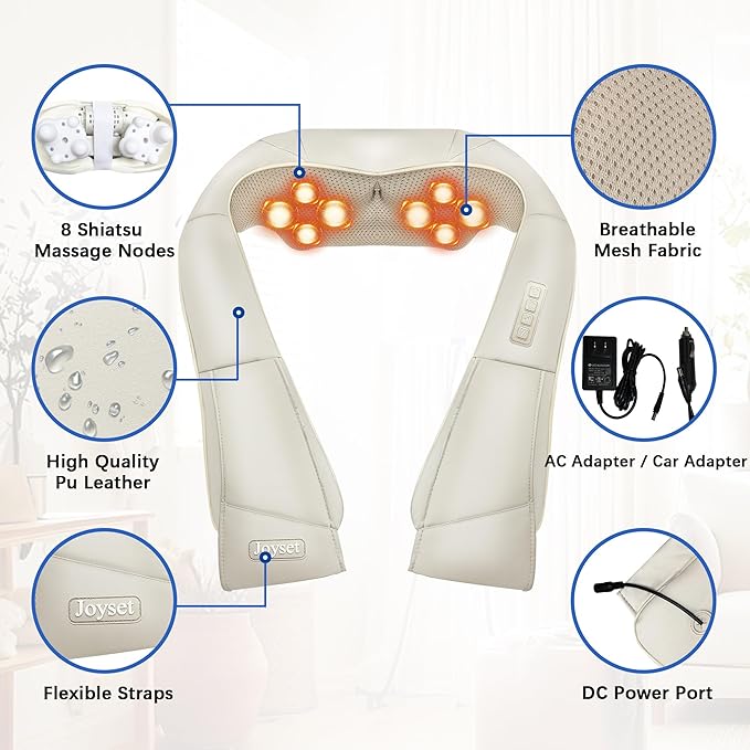 Joyset Shiatsu Neck and Back Massager with Heat,Electric Shoulder Massager for Pain Relief Deep Tissue,3D Kneading Massage with Cloth Cover Easy to Clean (Khaki) - Bloomnest