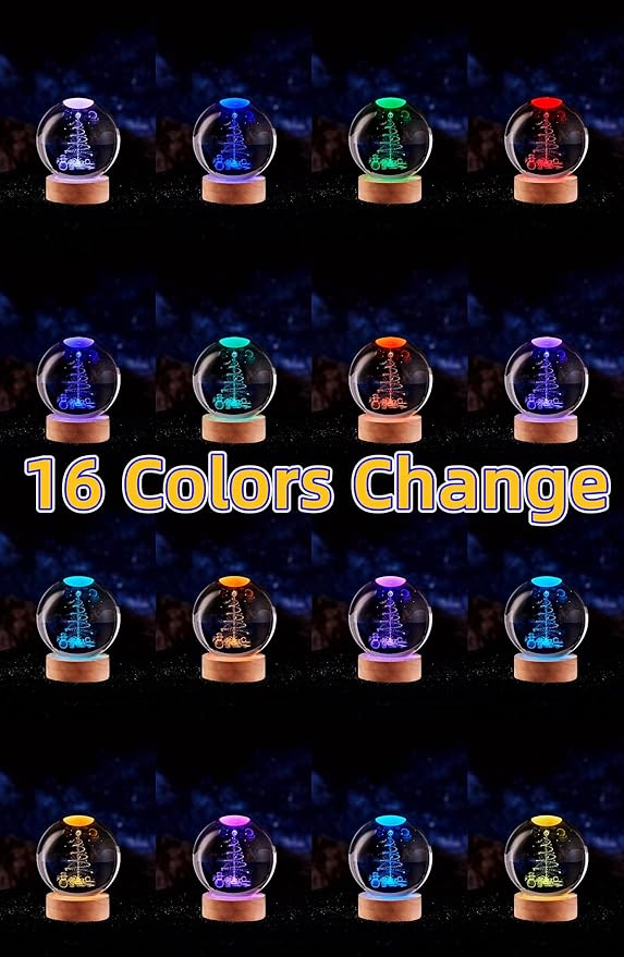 Christmas Crystal Ball lamp,3.15 inch K9 3D Christmas Tree Night Light with Wooden Base,Christmas Gift for Friends,Christmas Decorations,16 Colors Change with Remote Control (G) - Bloomnest