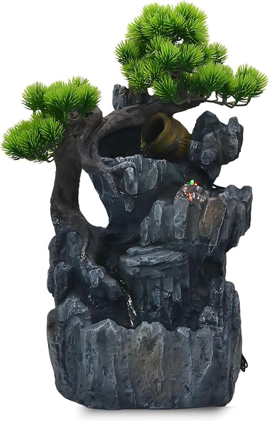 20-Inch Tabletop Water Fountain with Bonsai Tree, Cascading Waterfall, Spinning Crystal Ball, and LED Lighting – Indoor Zen Decorative Fountain with USB Connection for Home or Office - Bloomnest