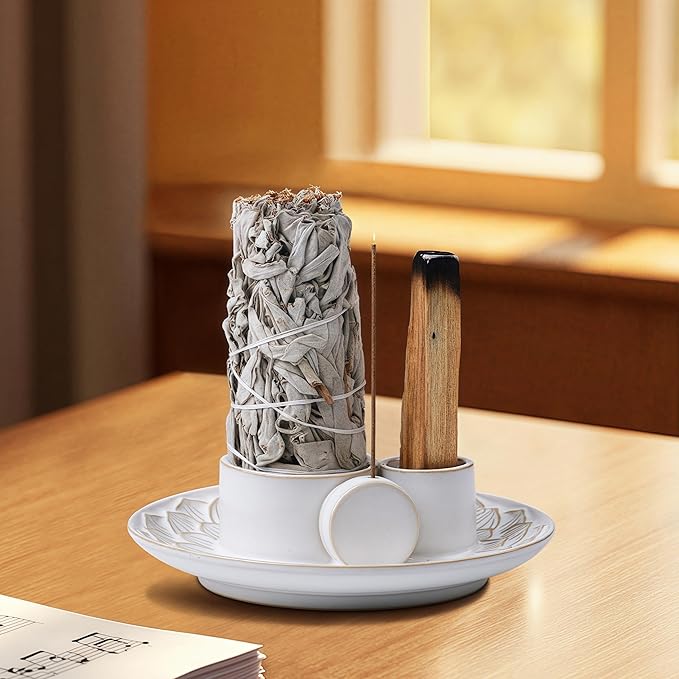 4 in 1 Incense Holder, Ceramic Incense Stick and Palo Santo Holder,Sage Holder for Burning- 5.5" Ceramic Ash Catcher Tray for Meditation and Yoga Room (White) - Bloomnest