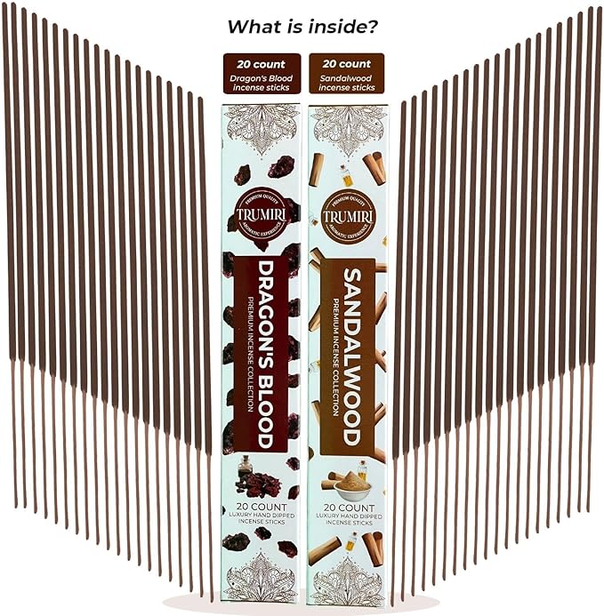 Trumiri Incense Sticks - Combo Pack of 40 Insence-Sticks - 20 Dragons Blood + 20 Sandalwood - Insenses - Insents - Incents - Inscense - Incence - Incienso - All Natural Incense Sticks TRUMIRI