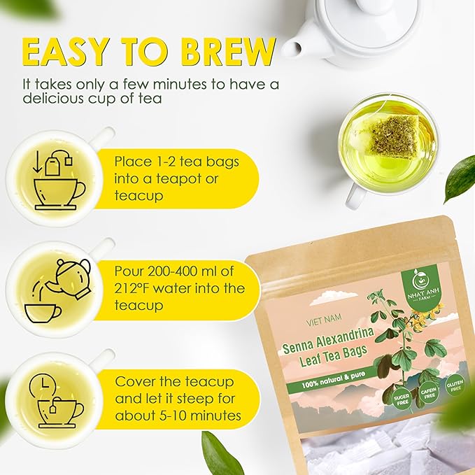 NHAT ANH FARM - Premium Senna Leaf Tea Bags, 40 Senna Leaf Tea Bags, 100% Natural Dried Senna Leaf, Naturally Sweet Herbal Tea, Sugar-Free, Caffeine-Free, No Additives. - Bloomnest
