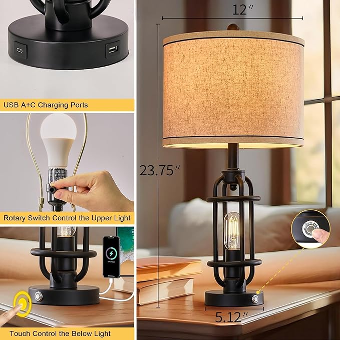 23.75'' Industrial Black Metal Table Lamps Living Room Lamp for Nightstand Bedroom lamps Set of 2 Bedside End Side Table Lamps Home Decor Touch Lamp Modern Lamps With USB Port, Bulbs Included - Bloomnest