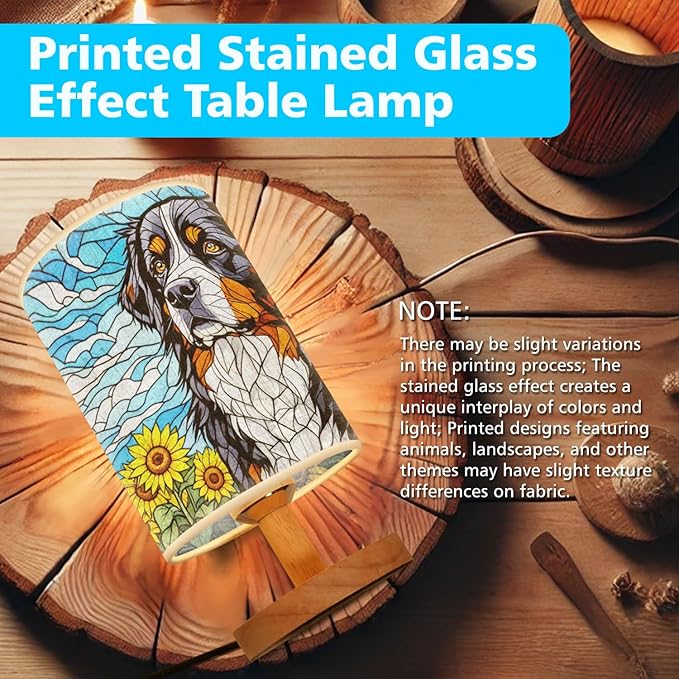 Bernese Mountain Table Lamp LED 3-Color Pressed Bedside, Dog Shade Lamp with Wood Base for Bedroom Living Room Desk Office - Bloomnest