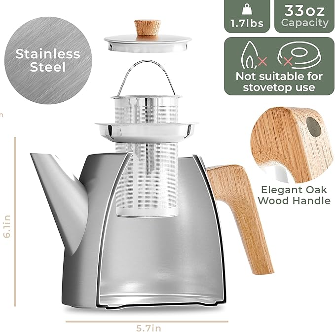 WALDWERK Tea Pot with Infuser - Double Wall Stainless Steel Teapot - Tea Pot with Infuser for Loose Tea - Made from 304 Stainless Steel and Oak Wood - Isolated Teapot with Strainer - 100% Drip Free - Bloomnest