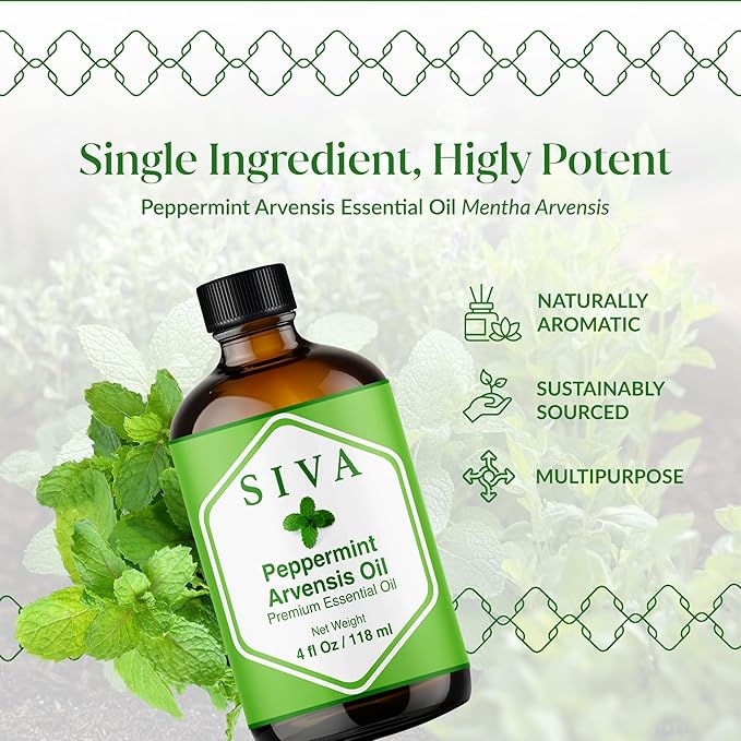 Siva Peppermint Arvensis Essential Oil - 4 Fl Oz – 100% Natural Peppermint Arvensis Oil - for Diffuser, Face, Skin Care, Aromatherapy, Hair Care, Scalp and Body Massage - with Dropper - Bloomnest