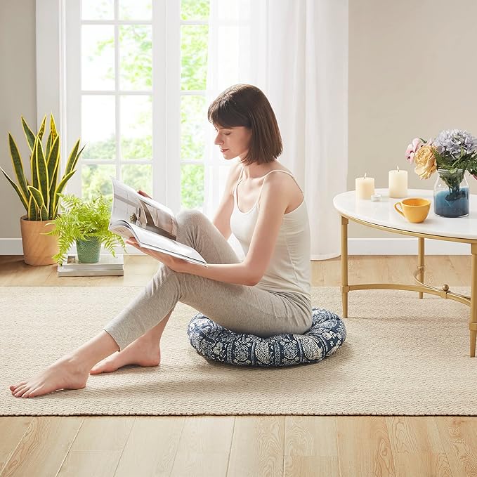 Codi Meditation Floor Pillow, Boho Pillows Seating for Adults and Kids, Large Round Cushion for Yoga Living Room Tatami Sitting, Memory Foam Added, 22x22 Inch, Indigo Elephant - Bloomnest