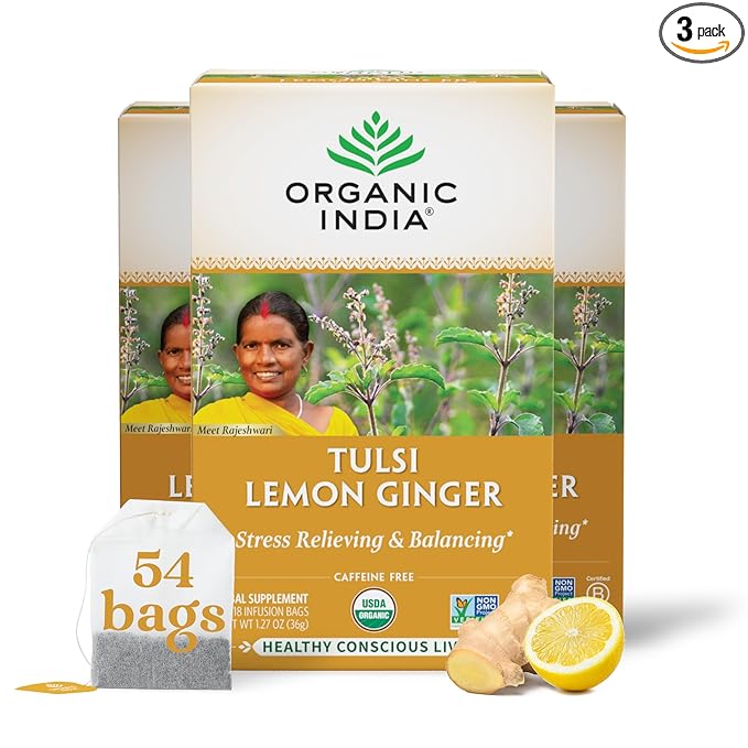 ORGANIC INDIA Tulsi Lemon Ginger Tea Bags - Herbal Tea, Stress Relieving & Reviving, Immune Support, Aids Digestion, Vegan, USDA Certified Organic, Non-GMO, Caffeine-Free - 18 Infusion Bags, 3 Pack - Bloomnest
