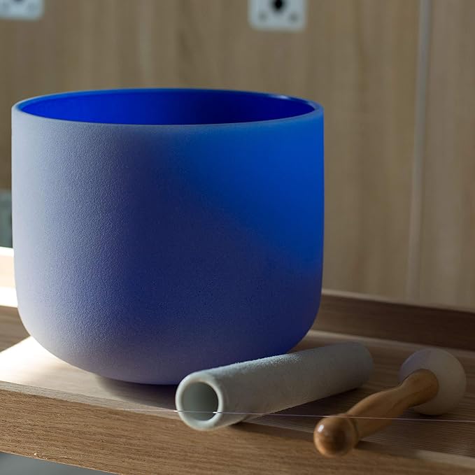 Leize Quartz Crystal Singing Bowl A# Note Third Eye Chakra Dark Blue 8" with Heavy Duty Carrying Case Suede Striker