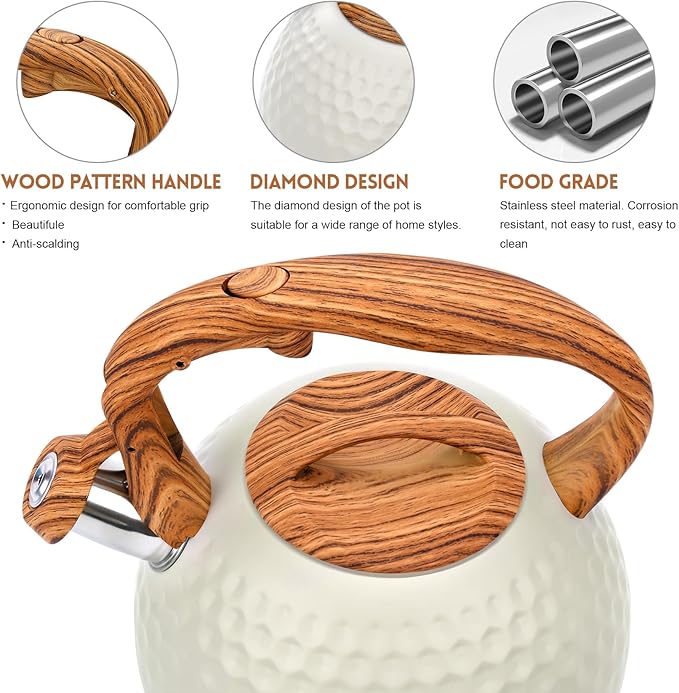 GGC Tea Kettle for Stove Top, Loud Whistling Kettle for Boiling Water Coffee or Milk, 3.1 Quart 3L Heavy Stainless Steel White Kettles with Wood Pattern Handle, Unique Button Control Kettle Outle - Bloomnest
