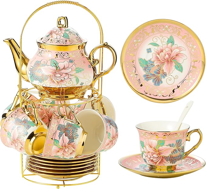 20 Pieces Porcelain Tea Set With Metal Holder, European Ceramic tea set for adults,Flower Tea Set,Tea Set For Women With Flower Painting (Large version, Pink) - Bloomnest
