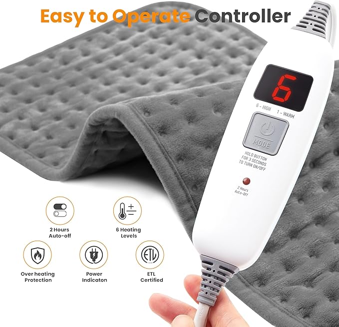 Electric Heating Pad for Back Pain Relief & Cramps - 6 Heat Settings,Auto Shut Off,Moist Heat Options,Portable Heated Pads for Neck/Shoulder Machine Washable Gift for Men Women,Grey,20"x24" - Bloomnest