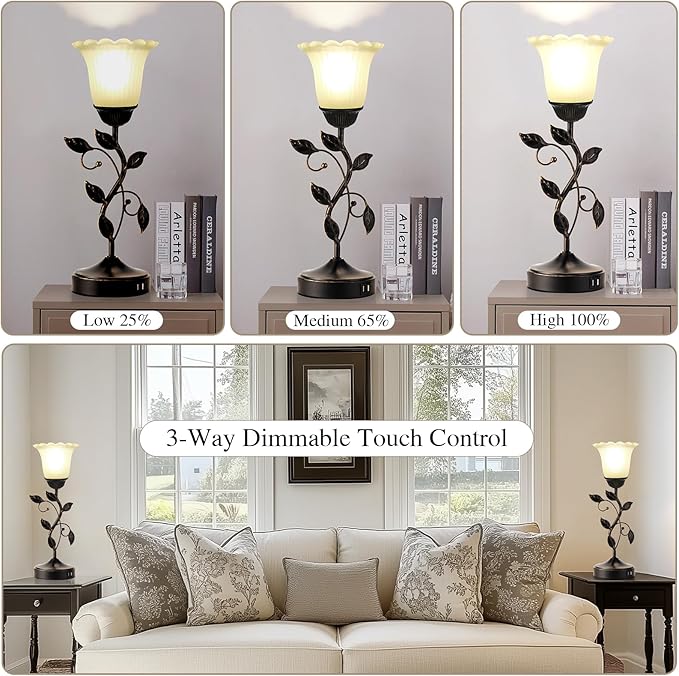 RORIANO Set of 2 Touch Bedside Vintage Lamps with 2 USB Ports, 3-Way Dimmable Flower Lamps, White Glass Shade Rustic Leaf Lamp for Bedroom Side Table, LED Bulb Included - Bloomnest