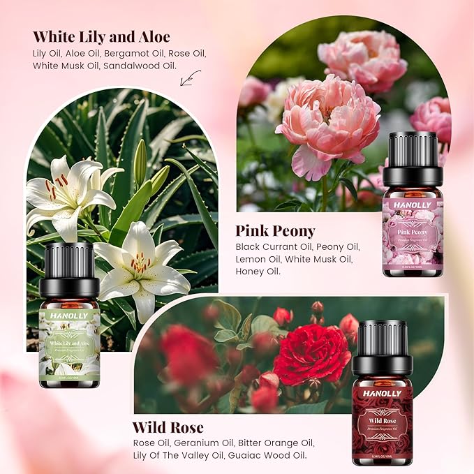 Floral Essential Oils Set - 6 Premium Fragrance Oil for Diffusers, Candle Making, Humidifier - Pink Peony, Wild Rose, Lavender, Sunflower Sandalwood, Bewitched Orchid, White Lily Aromatherapy Oi - Bloomnest