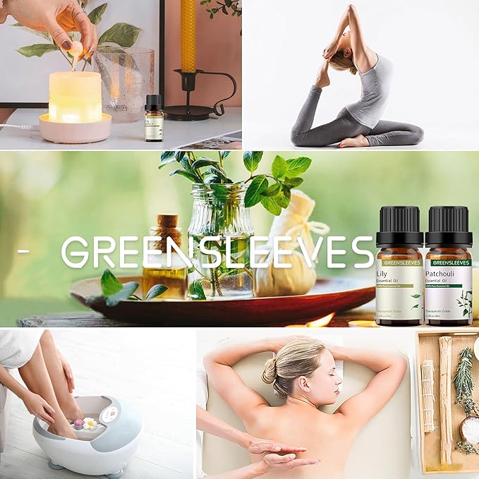 GREENSLEEVES Patchouli Lily Essential Oil Set, 2 x 10ml Pure Plant-Based Fragrance Oil for Aromatherapy, Essential Oils for Diffuser, Massage, Bath Bomb, Scented Candle Soap Making GREENSLEEVES
