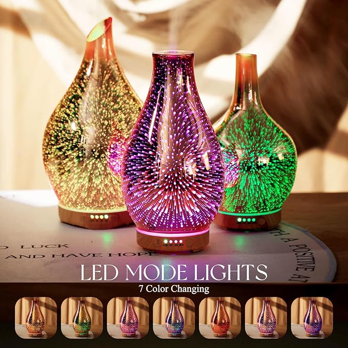 Porseme Essential Oil Diffuser 3D Glass Aromatherapy Ultrasonic Humidifier Cool Mist, Auto Shut-Off, Timer Setting, BPA Free for Home Office Hotel Yoga Gym Leisure SPA Gift 100ml Porseme