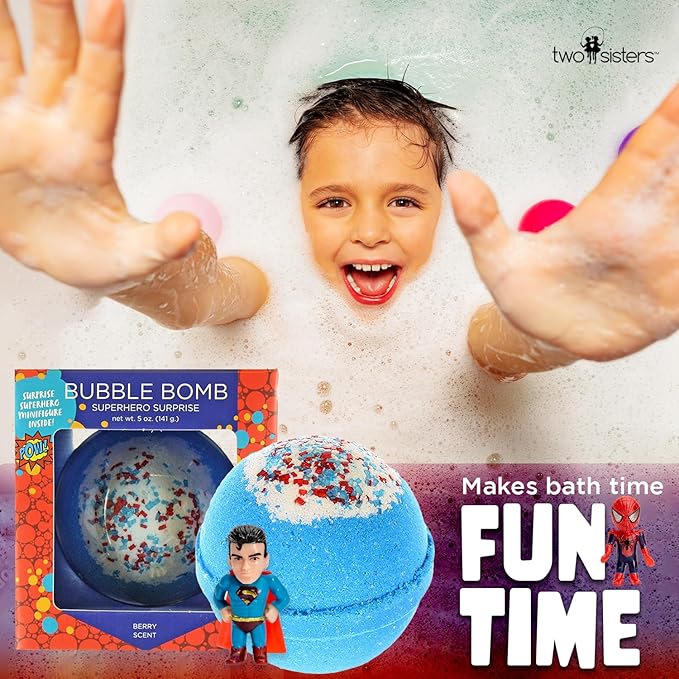 Superhero Bath Bombs for Kids & Boys with Surprise Hero Toys Inside (1 Pack) - Large Bubble Bath Bombs for Boys & Girls - Gift for Children & Stocking Stuffers - Fruity Scent, USA Made by Two Sisters - Bloomnest