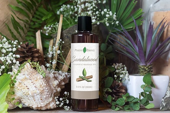 Sandalwood Massage Oil, Made with Jojoba, Vitamin E and Pure Sandalwood Essential Oil, Natural Body & Mind Relaxation, Aromatic