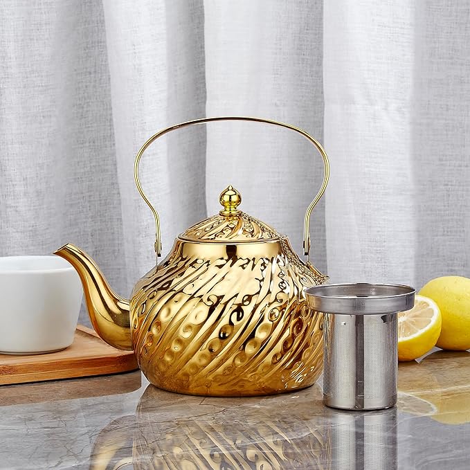 SANQIAHOME 2000ml stainless steel antique style teapot,with Infuser, thickened boiling kettle, lifting handle,Gold - Bloomnest