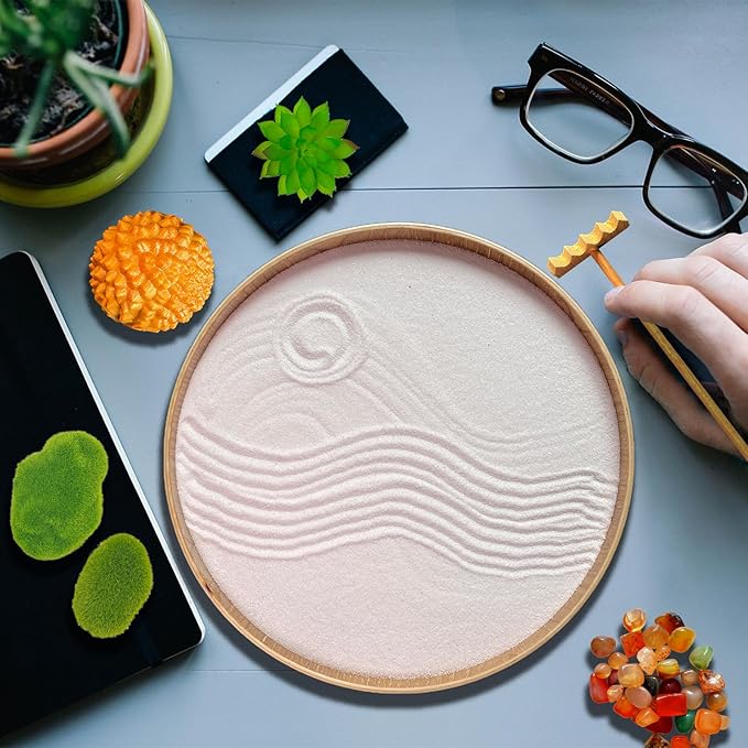 Japanese Zen Garden Kit for Desk, Bamboo Sand Garden Meditation Therapy Tray Gift Set, Mini Zen Décor Office Desktop Accessories - 2 Textured Spheres, Incense with Holder - Bloomnest