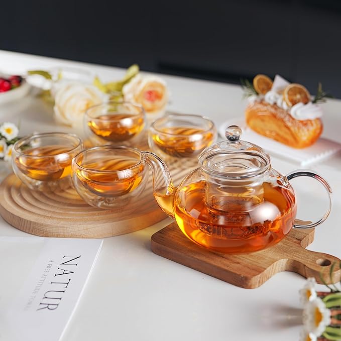 CNGLASS Glass Teapot Set,20oz Clear Tea Pot with 4 Double Wall Teacups,Stovetop Safe Tea Kettle,Blooming Loose Leaf Tea Maker Gift,Microwave Dishwasher Safe - Bloomnest