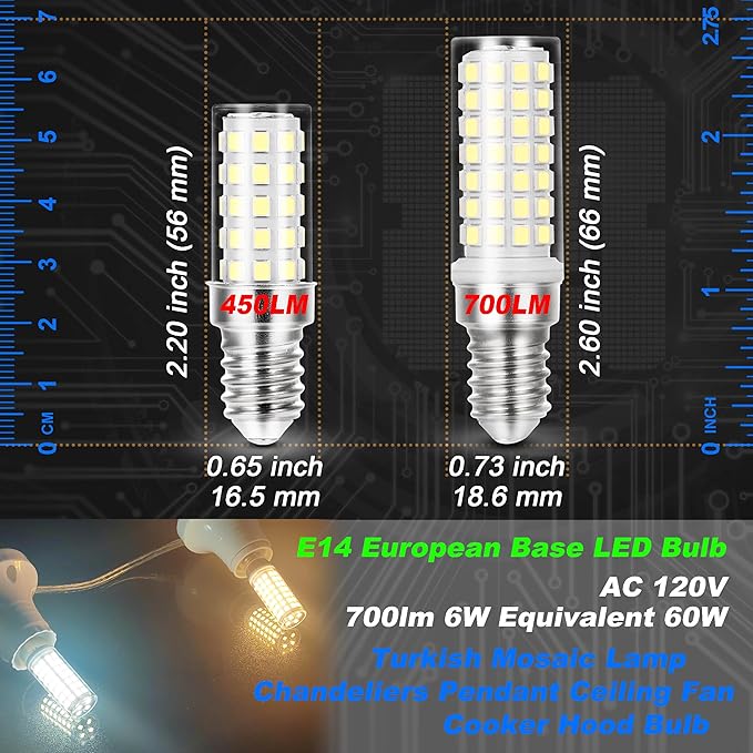 E14 6W European Base LED Turkish Lamp Bulb Equivalent 60W Daylight White 6000K 700lm AC120V E14 C7 T6 LED Bulbs for Persian Moroccan Lamp Chandeliers Ceiling Fan Bulb Under Cabinet Lights, 3 Pack - Bloomnest