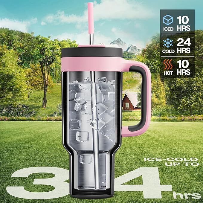POWCAN 40 oz Tumbler with Handle, 2-in-1 Straw and Sip Lid, Leakproof, Dishwasher Safe, Insulated Stainless Steel Travel Coffee Mug, Keeps Cold for 34 Hours, Fits in Car Cup Holder (Rebellion) - Bloomnest