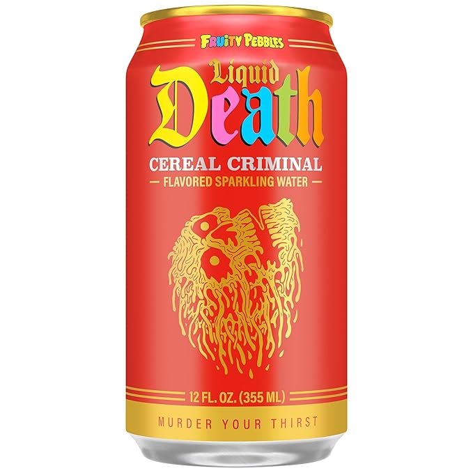 Liquid Death Soda-Flavored Sparkling Water - Cereal Criminal (Fruity Pebbles, Cream), Less Sugar*, Huge Flavor, No Caffeine, No Artificial Sweeteners, 12 Fl Oz (Pack of 12) - Bloomnest