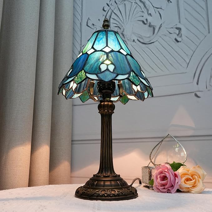 8 Inch Tiffany Style Colorful Lamp, Blue Green Umbrella Retro Design Bedside Lamp, Suitable for Bedroom, Dormitory Cafe and Other Home Art Decoration - Bloomnest