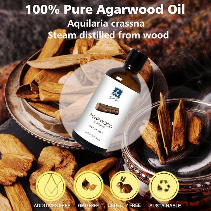 Agarwood Essential Oil 3.38oz/100ml, Pure Qud Oil for Relaxation, Meditation, SPA, Aromatherapy Diffuser - Bloomnest