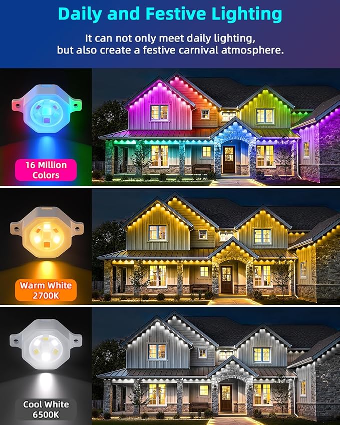 REYLAX Permanent Outdoor Lights Pro, 100ft with 72 Triple-LED 135lm, RGB+IC Smart Eaves Christmas Lights for House, IP67 Waterproof, Multi Scenes for Outdoor Decor, Works with Alexa, Google, Remote - Bloomnest