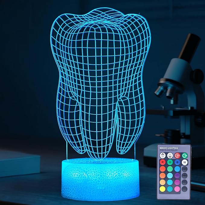 Dental Gifts, 3D Tooth Night Light, 3D Illusion Lamp, 16 Colors Changing, Remote Control, Dimmable, Living Room Decoration, Xmas Tooth Model Gifts - Bloomnest