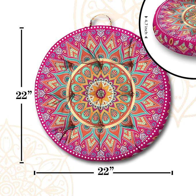 Mandala Meditation Cushion, Boho Meditation Mat, Meditation Pillows for Sitting on Floor, Cushions for Sitting in Home and Outdoor, Round Floor Pillows Cushion Seating for Yoga 22'' X 22'' - Bloomnest
