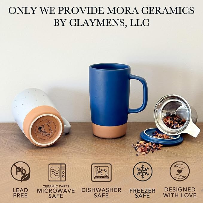 Mora Ceramics Large Tea Mug with Loose Leaf Infuser and Ceramic Lid, 18 oz, Portable, Microwave and Dishwasher Safe, Tall Coffee Cup - Rustic Matte Ceramic Glaze, Modern Herbal Tea Strainer, Deep Blue - Bloomnest