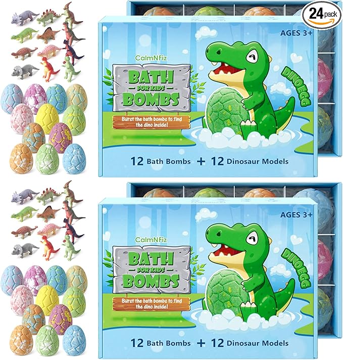 Bath Bombs with Surprise Dinosaur Toys Inside, 24 Pack Organic and Natural Bubble Bath Bombs,Stocking Stuffers for Kids, Bath Bomb Set for Her/Him (2 Sets) - Bloomnest