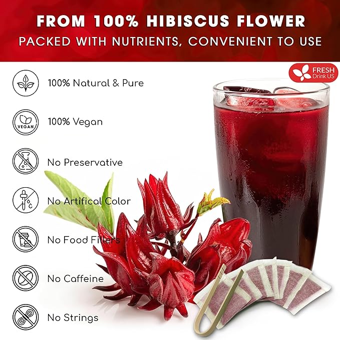 FreshDrinkUS, Premium 60 Hibiscus Flowers Tea Bags, 100% Natural & Pure, Loose Flower Herbal Tea. No Sugar, No Caffeine, No Gluten, Vegan. Great To Drink Hot Or Ice Tea - Bloomnest
